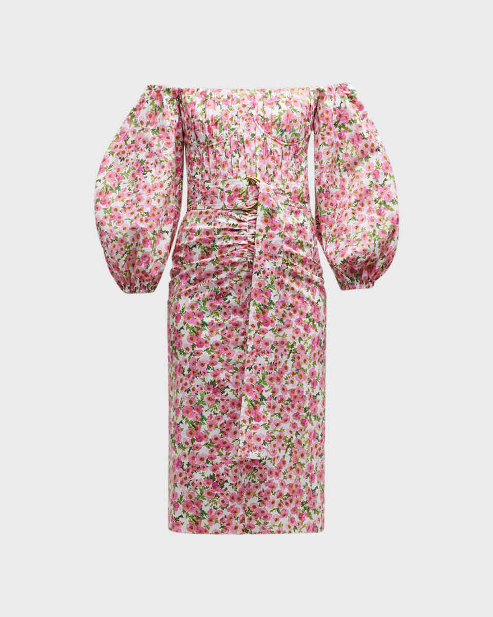 Off Shoulder Floral Print Midi Dress with Belt